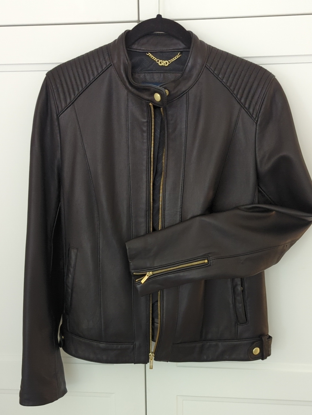 Cole Haan Black Leather Jacket with Gold Hardware